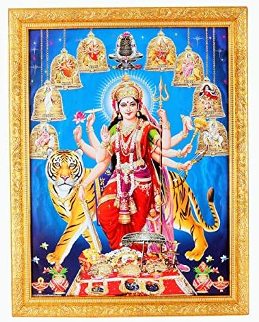 Silver Zari Radna umjetnost fotografija Nav Durga u zlatnom okviru Veliki religijski zidni dekor