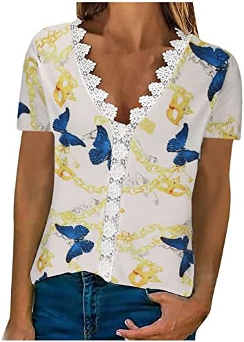 Comigeewa dame gradijentni cvjetni tisak majice duboka v vrata čipke spandex bluze majice kratke rukave jeseni ljetne majice gc