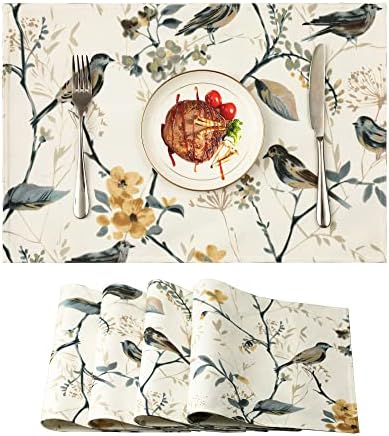 Vogol prirodne sive ptice tiskane placete, set od 4, placeri otporni na toplinu za kuhinjski stol, 13 x 19 inča, lako čišćenje prostirki