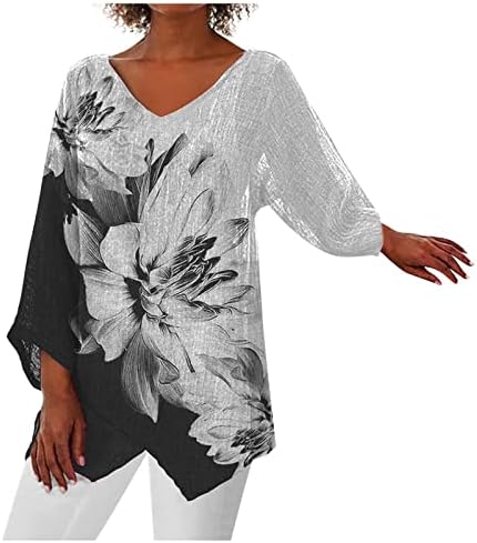 Nokmopo majice za žene ležerne čvrste boje tiskani V-izrez labavi nepravilni rub srednji rukav vrh rukava labave bluze majice