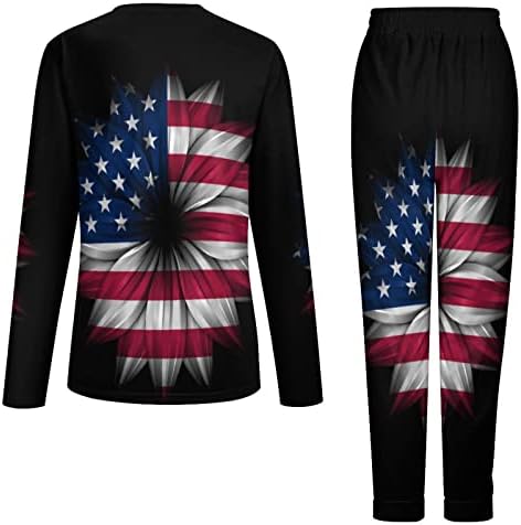 Ženski pidžama Set sa suncokretom i zastavom SAD-a pidžama odijelo s dugim rukavima pidžama Set za odmor s džepom