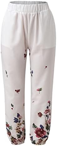 Ženske ležerne lanene hlače vintage cvjetni print sportske plaže hlače elastične pidžame s širokim nogama
