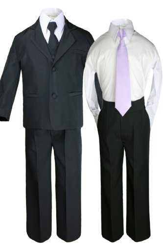 6 PC Baby Kid Teen Boys Black Tuxedo odijelo sa satenskim lilama kravata S-20
