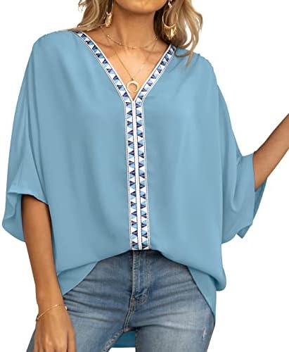Nokmopo radne košulje za žene plus veličine solidne boje patchwork rukav v-izrez kratke rukave majice bluza bluza