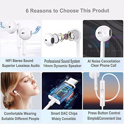 2 pakiranje USB C slušalica, USB C Earbuds u ušima ožičenih slušalica s mikrofonom i daljinskim otkazivanjem buke ožičene tipa C slušalice