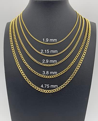 Kubanski lanac od pravog zlata od 14 karata - 1,9 mm 2,15 mm 2,9 mm 3,8 mm 4,75 mm dijamantni rez, konkavni kubanski lanac s privjeskom