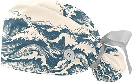 2 pakiranja Bouffant poklopac s gumbom torbicu za rep, pamuk koji radi na šeširu, podesivi kirurški kapice japanski val