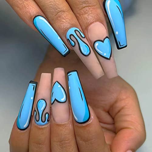Anime lažni nokti na plavim noktima puni premaz akrilni dugi lažni nokti za žene i djevojke 24pcs