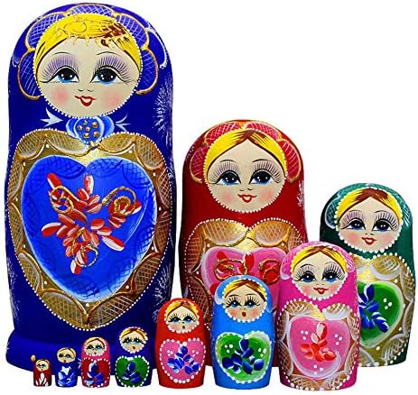 Moonmo 10pcs plavo ljupko srce u obliku srca ručno rađene drvene ruske lutke za gniježđenje matryoshka drvene igračke