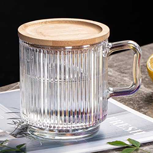 Šalica od staklene staklene divlje s poklopcem, iridescentne staklene šalice za kavu Klasične pruge staklena čaša za čaj za sok od