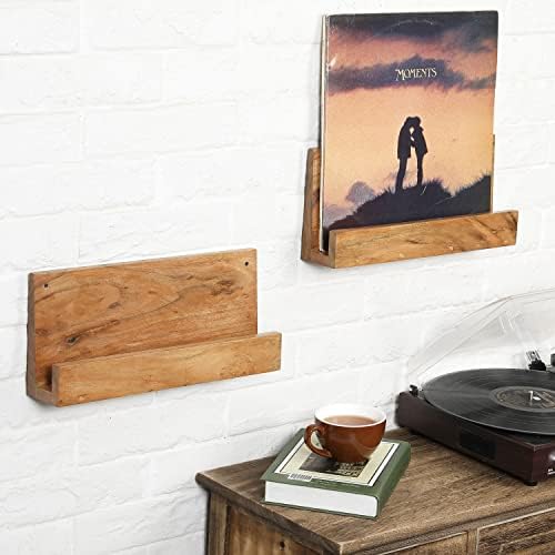 MyGift zidni montirani vrhunski prirodni akacia drveni vinil rekord albuma za skladištenje LP rekorda ukrasne police za prikaz, set