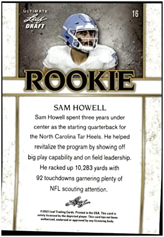 Sam Howell RC 2022 Leaf Ultimate nacrt 24/99 Zlatni rookie 16 Zapovjednici NM+ -MT+ NFL nogomet