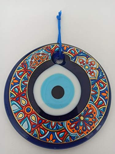 Erbulus 4.3 Staklo plavo zle zid Oči viseti šareni cvjetni dizajn ukras - Turski nazar perla - Šarm za zaštitu kuće - zidna umjetnička