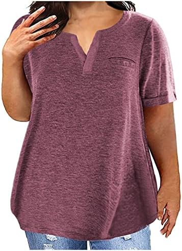 Košulje dolje za žene dame vrh v vrat moda Čvrsta boja džep kratkih rukava labava majica seksi plus veličina