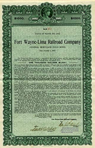 Željeznička tvrtka Fort Vein Lima-obveznica od 1.000 ili 500 dolara