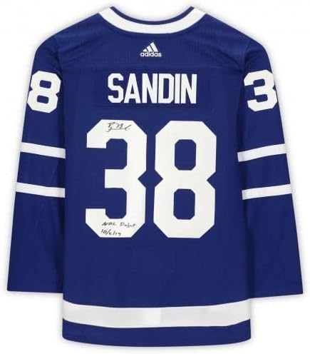 Rasmus Sandin Toronto Maple Leafs Autografirani plavi adidas autentični dres s natpisom NHL debitovanje 10/2/19 - Autografirani NHL