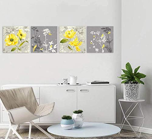 Žuti cvjetni zid umjetnost žuti i sivi sivi cvjetovi tiskani platno naljepnice za uređenje kuće slike 4 ploče poster za spavaću sobu