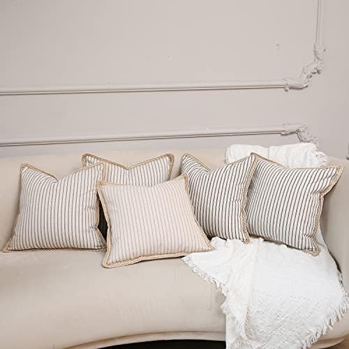 HCKOT Farmhouse Dekorativni jastuci za bacanje jastuka 18x18 inča, pakiranje 2 sive i bež prugaste lanene obrezane rubne jastučne kućice