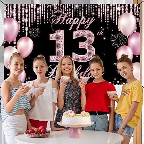 13. rođendanski ukras za djevojčice, pozadina natpisa Sretan 13. rođendan, službeni natpis za 13. rođendan tinejdžera u ružičastoj