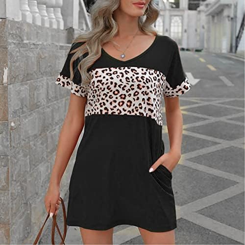Rbculf ženska majica haljina moda leopard patchwork Creveneck kratki rukavi labava džepna mini haljina ljetna plaža sunčanica
