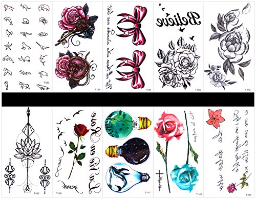 GGSELL GGSELL 10PCS TATTOO ROSE privremene tetovaže u jednim paketima, uključujući slatke životinjske dizajne, ruže, leptir luk, nakit,