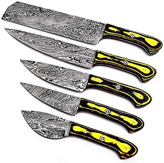 Prilagođeni ručno izrađeni set kuharskih noževa u Damasku / 5-dijelni set kuhinjskih noževa u Crnoj i žutoj boji-17306