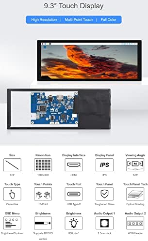 Xygstudy Raspberry Pi 9.3inch Capacitive Touch Display, visoka svjetlina, 1600 × 600, optička staklena ploča za optičko vezanje, HDMI