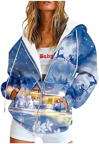Nokmopo božićni zimski kaputi za žene božićni print za print skretanje s dugim rukavima jakna s džepovima s džepovima