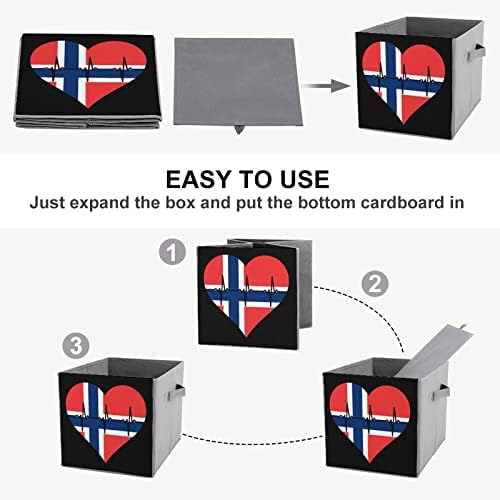 Ljubav Norveška otkucaja srca koja se može srušiti kockice za odlaganje tkanina kutija 11 inča sklopive kante za skladištenje s ručkama