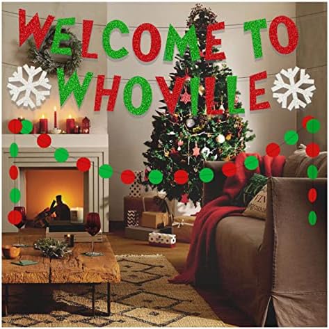 Božićni dobrodošli u Whoville natpisni, božićni ukrasi Crveni i zeleni sjaj Merry Grinchmas natpis za kuću kamin, ukrasi za rođendanske