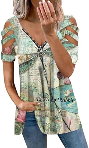 Lady odjeća kratka rukava v vrat pamuk patentni zip bluza majica ljeto pada s vrha ramena za ženku o1 o1