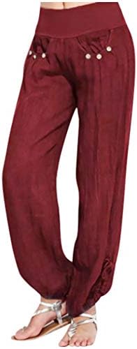 Usjeci široke noge Povucite se na Capri hlače za žene čvrste boje labava lanena lanena gumba dolje povremeni labavi fit pamuk