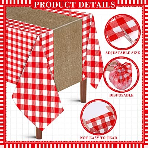 12 kom. crveni i bijeli karirani stolnjaci, jednokratni plastični stolnjaci za piknik od 54 inča 108 inča, ukrasni pravokutni Vodootporni