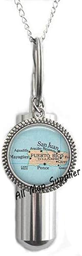 Modna ogrlica s urnom za kremiranje, urna s kartom Portorika, ogrlica s urnom za kremiranje Portorika, Portorikanska urna, portorikanski