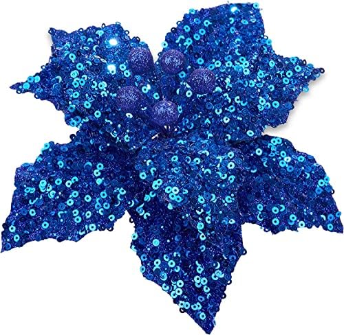 FUNARTY 12-PACK Sjaj plava božićna božićna poinsettija ukrasi za božićno drvce 6.7inch Umjetno božićno cvijeće Poinsettias za vijenac