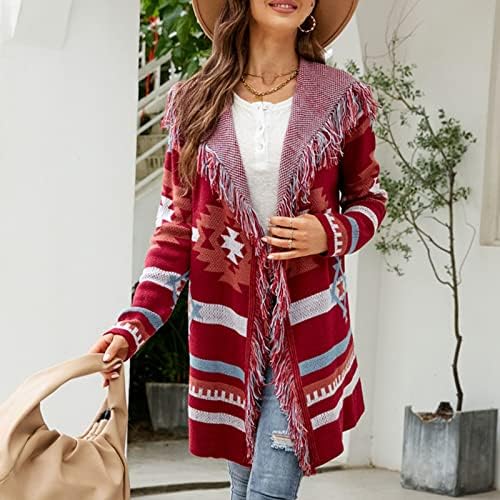 RMXEI Ženska modna jesen/zimska geometrijski print s kapuljačom pleteni džemper dugački kardigan kaput
