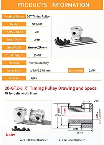 2GT 5PCS GT2 20Teeth Timing Alumium remenica, provrt 4 mm/5 mm/6 mm/8 mm, prikladan za GT2-6 mm razvodni remen za 3D pisač, GT2-10