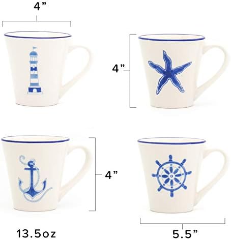 Euro Ceramica Ahoy kolekcija nautička keramička kava/čajne šalice, 13,5oz, set od 4, razne dizajne, plavo -bijelo