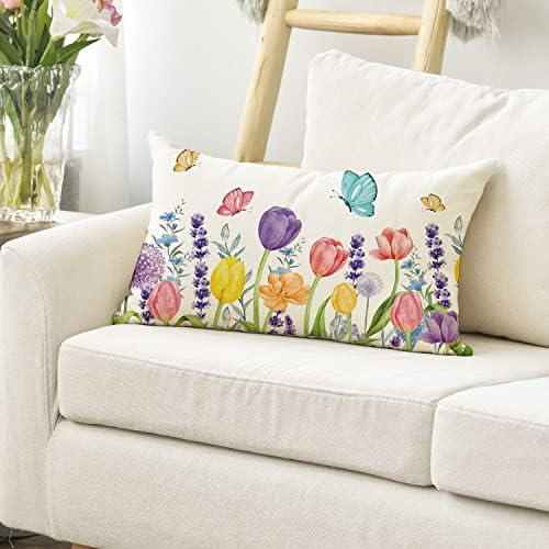 Avoin colorLife proljetni cvjetovi tulipana lavanda eukaliptus leptir bacaju jastučni poklopac, 12 x 20 inčni proljetni jastuk za kauč
