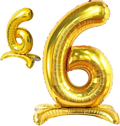 Katchon, samostalno stojeći zlatni 6 broj balona - velik, 40 inčni | Zlatni 6 baloni, baloni za 6. rođendan | 6 -godišnji balon, broj
