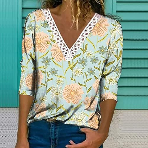 Proljetni cvjetni tiskani vrhovi za žene kukičane čipke obloga v vrat t majice casual labave 3/4 majice za pulover rukav