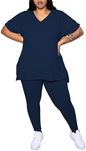 2-dijelni ženski kompleti Plus size labavi izrez u obliku donjeg dijela košulje kratkih rukava s bočnim prorezom duge hlače ležerni