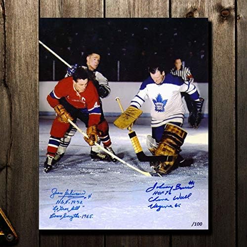 Jean Beliveau vs Johnny Bower statistika Dual Autographed 11x14 Fotografija - Autografirane NHL fotografije