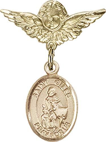 Dječja značka Ach s amuletom St Giles i pribadačom značke anđeo s krilima / 14k Zlatna značka za djecu sa šarmom St Giles i Pribadačom