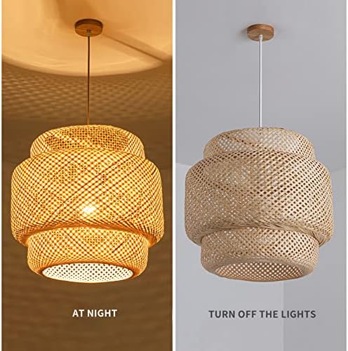 Ručno izrađena viseća svjetiljka od bambusa, svjetiljka od košarice od prirodnog ratana, bež bambusov luster s drvenom nadstrešnicom