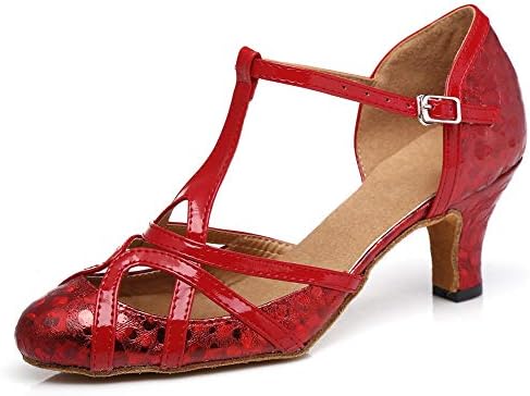 Ženska t-remena svjetlucava salsa tango balska latino vjenčana plesna cipela niska potpetica 6 cm, crvena, model 2040, 5,5 b nas