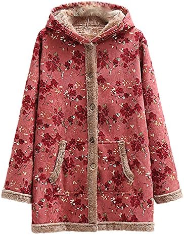Vintage cvjetna jakna s kapuljačom za žene Zimska topla jakna od flisa na kopčanje lagana gornja odjeća s kapuljačom i džepovima