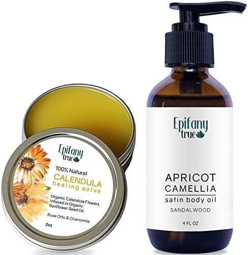 Epifany True Calendula salve 2oz, suha kože umirujuća balzam, svrbež svrbeža | Marelica i camellia satensko ulje za tijelo 4oz, vitamin-e