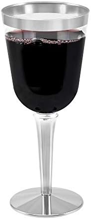 50 jednokratnih plastičnih čaša za vino sa srebrnim okvirom / velikih 10 oz. Vrhunske modne čaše za vino od prozirne tvrde plastike