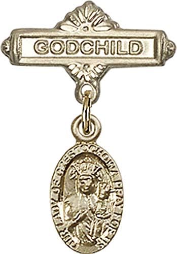 Dječja značka Ach s amuletom Gospe od Chenstochova i pribadačom za značku kumčeta / dječja značka ispunjena zlatom s amuletom Gospe